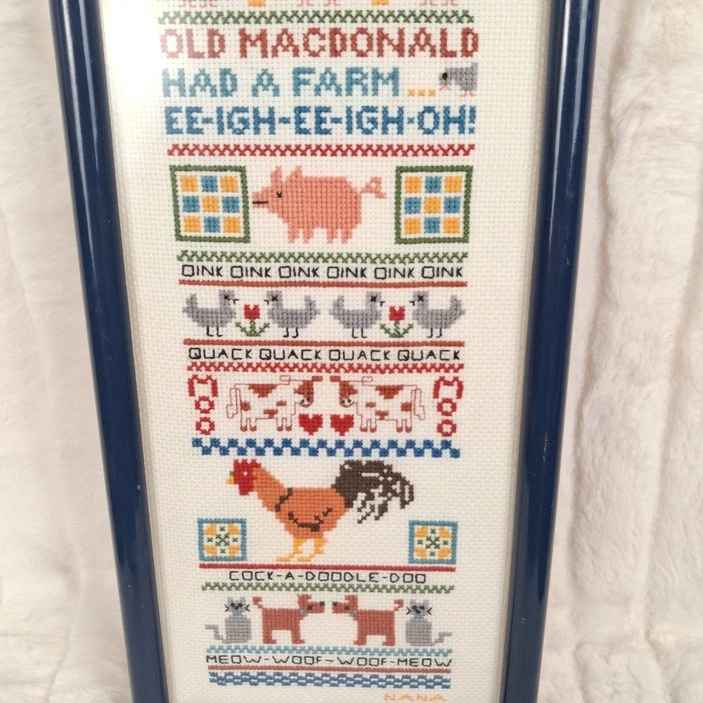 Vintage Old MacDonald Had a Farm Framed Cross Stitch Sampler Folk Art Wall READ